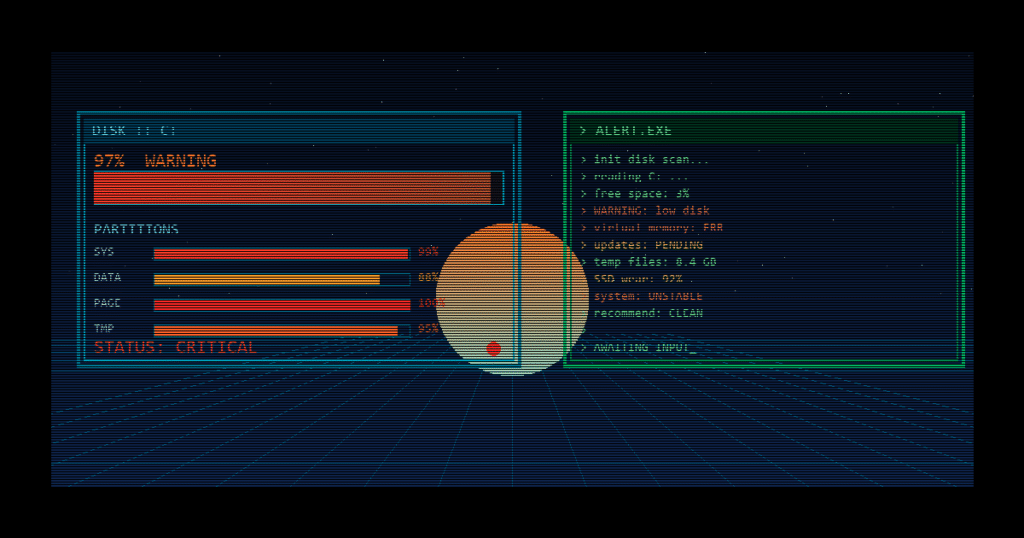 Interface d'alerte système critique, disque 97% plein.