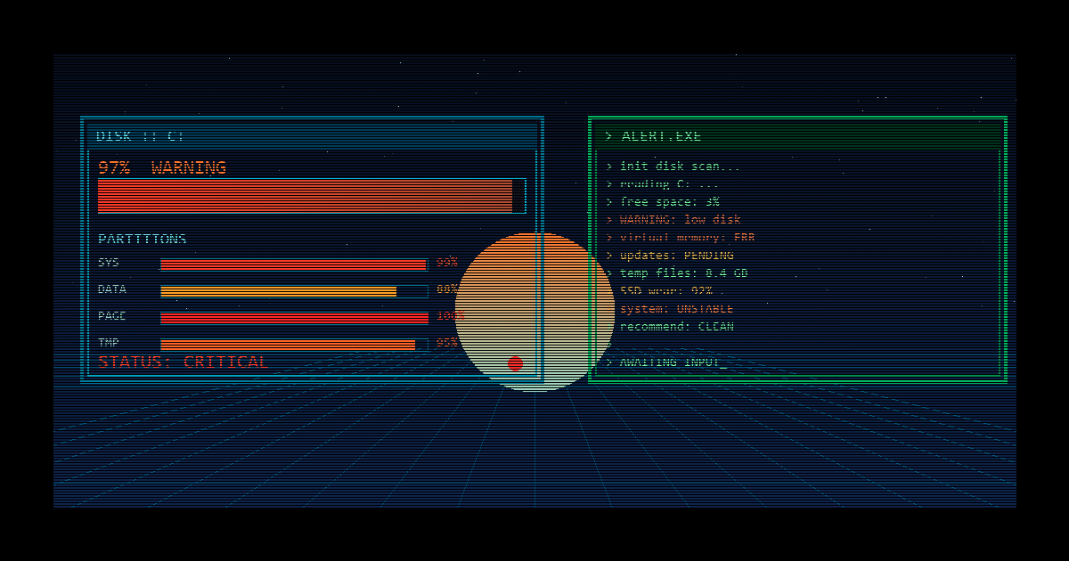 Interface d'alerte système critique, disque 97% plein.