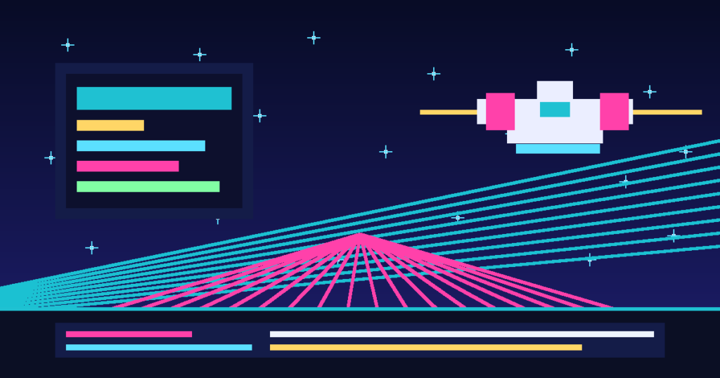 Illustration futuriste avec vaisseau spatial et graphique.