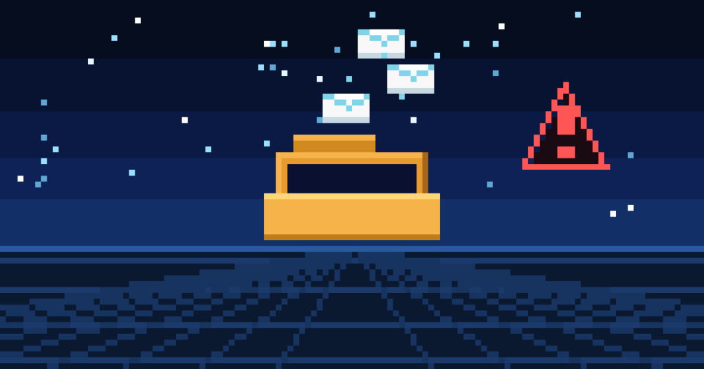 Illustration pixel art : un dossier de messagerie ouvert d'ou sechappent des emails perdus