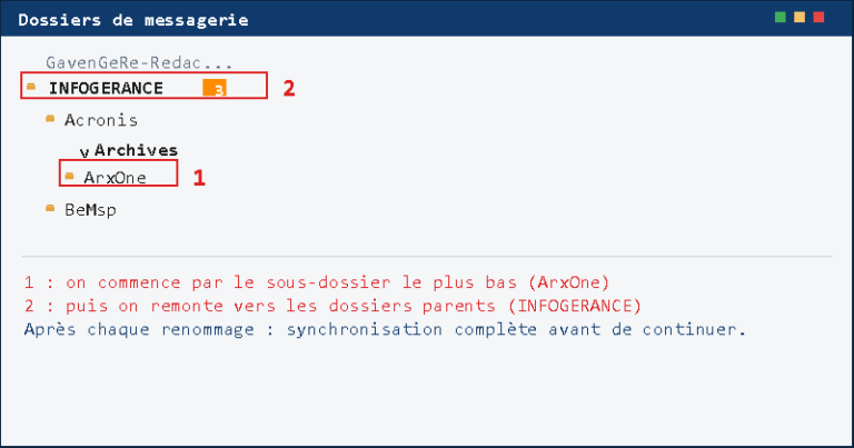 Exemple de renommage de dossiers : commencer par le sous-dossier le plus bas puis remonter